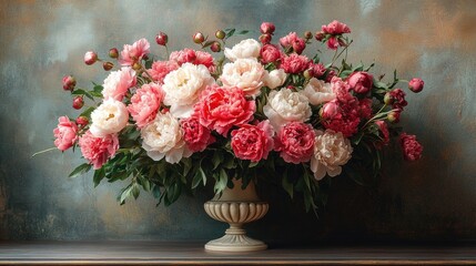 Aufkleber - Colorful arrangement of peonies in varying shades of pink and white, elegantly displayed in a classic vase against a textured backdrop, floral decor, home decor, vibrant composition.