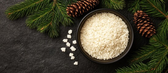 Poster - Bowl of rice with fir cones and pine branches on a dark table top view winter seasonal decoration concept