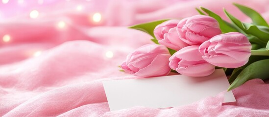 Poster - Elegant pink tulip bouquet on soft background with blank card for personalized messages and romantic occasions