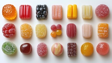 Poster - Colorful assorted candies arranged neatly on a clean white background showcasing various shapes and textures ideal for confectionery themes.