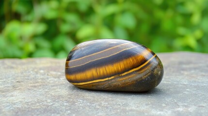 Aufkleber - Stunning tiger eye gemstone displaying rich yellow and brown colors on a natural stone surface with greenery in the background