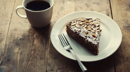 Aufkleber - Coffee almond cake slice presented on a white plate with a fork and a cup of coffee on a rustic wooden table setting