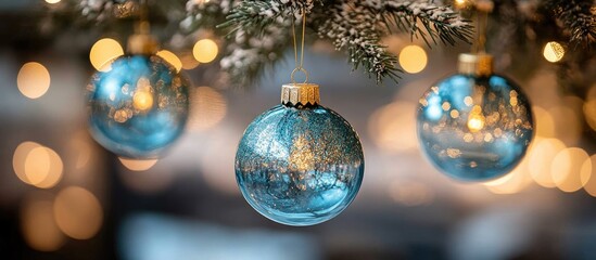 Poster - Elegant blue glass Christmas ornaments hanging from a frosted evergreen tree creating a festive and warm holiday ambiance.