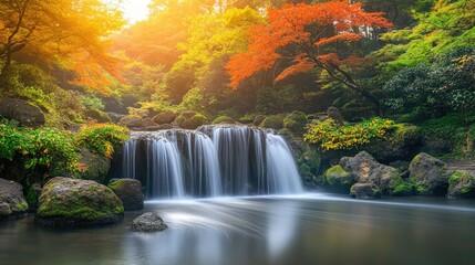 Poster - Serene waterfall cascading through a lush garden surrounded by vibrant autumn foliage in a tranquil natural setting