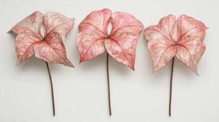 Aufkleber - Caladium leaves arranged on a white background showcasing their vibrant colors and intricate patterns.