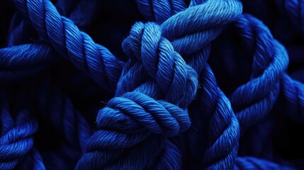 Aufkleber - Close up image of intertwined blue nylon rope knots showcasing texture and detail in a dark background setting