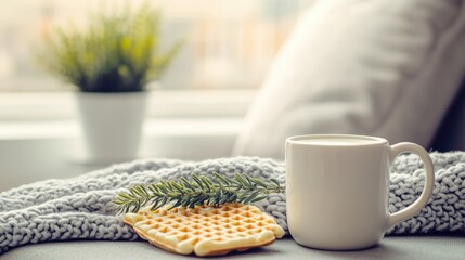 Poster - Cozy breakfast scene featuring a close-up of a waffle and a mug of milk with greenery in a softly blurred indoor setting