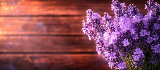 Aufkleber - Lavender bouquet arranged on rustic wooden background creating a floral frame with soft light for serene and calming ambiance