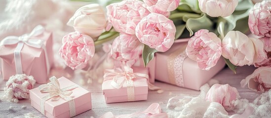 Poster - Spring floral arrangement with pink tulips and decorative gift boxes on a soft wooden background ideal for greeting cards and celebrations
