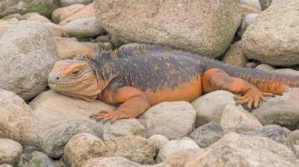 Poster - Iguana resting on rocky terrain with vibrant scales in natural habitat setting showcasing unique textures and colors of wildlife.