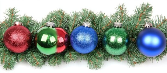 Poster - Colorful glittery Christmas ornaments on pine tree branches creating a festive holiday atmosphere against a white background