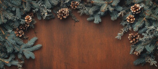 Aufkleber - Spruce and pine branches with pinecones on a wooden brown backdrop creating space for text mockup or seasonal designs