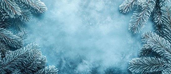 Poster - Wintery wooden backdrop adorned with frosted fir tree branches ideal for holiday-themed designs and festive marketing materials