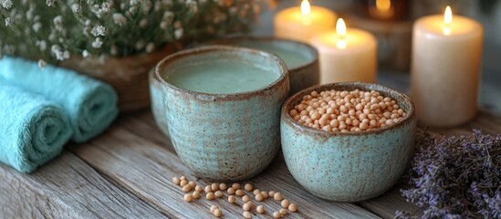 Aufkleber - Serene spa setting with calming candles decorative elements and natural materials for relaxation and rejuvenation on a wooden surface