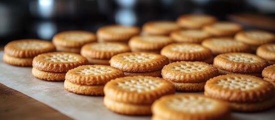 Poster - Closeup of freshly baked golden cookies arranged on parchment paper atop a wooden surface in a cozy kitchen setting