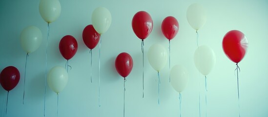 Aufkleber - Colorful balloons in red and white floating against a minimalist pale backdrop creating a festive and cheerful atmosphere for celebrations.