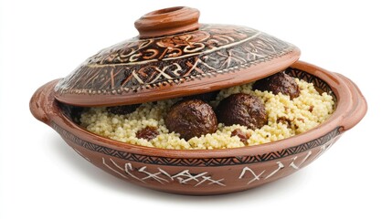 Poster - Traditional clay pottery dish with meatballs and couscous in savory curry sauce on a white background showcasing culinary artistry and flavors