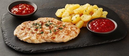 Poster - Traditional breakfast plate with tender turkey steak and seasoned fried potatoes garnished with spicy herbs and vibrant sauces on a dark slate.