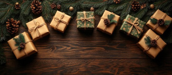 Aufkleber - Festive Christmas Background with Green Fir Branches and Elegant Wrapped Gifts on a Wooden Table Surface