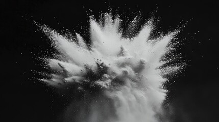 Poster - White powder explosion creating dynamic dust cloud against a stark black background showcasing motion and texture in close-up detail