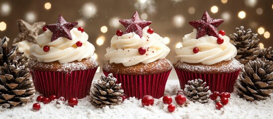 Aufkleber - Festive Christmas cupcakes decorated with stars and berries surrounded by pine cones against a sparkling holiday background
