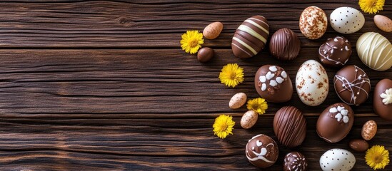 Aufkleber - Brazilian Chocolate Easter eggs assorted on rustic wooden table with yellow flowers and decorative elements for festive celebrations
