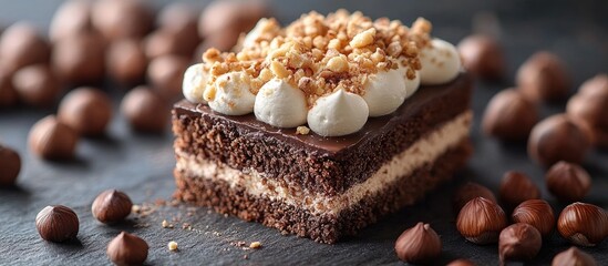 Poster - Chocolate Meringue Cake with Hazelnuts Cream Topping and Crunchy Layer on Dark Background