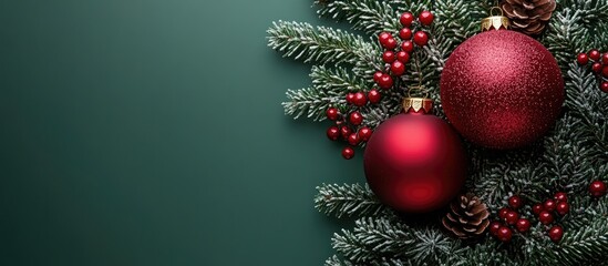 Poster - Festive Christmas red ornaments with pine branches and berries on a green backdrop ideal for holiday themed banners and advertisements
