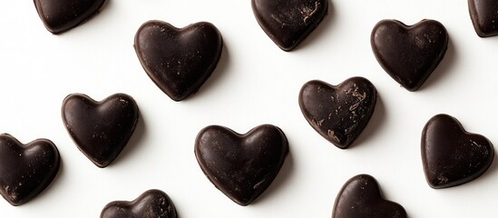 Poster - Heart-shaped chocolate candies arranged artistically on a clean white background for romantic or festive themes.