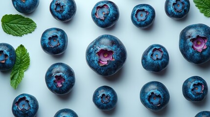 Poster - Fresh blueberries arranged on a white background with mint leaves enhancing the vibrant colors and textures of the fruit.