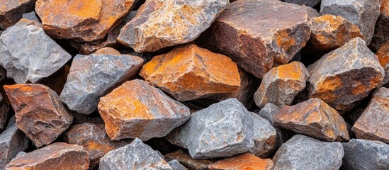 Poster - Close up view of textured light brown and gray rocks stacked together on the beach showcasing natural patterns and colors.