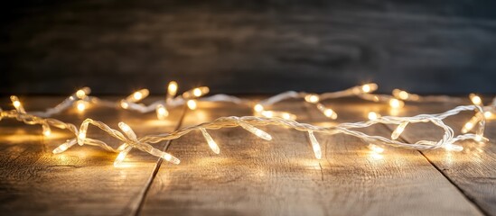 Aufkleber - Warm golden bokeh lights on a rustic wooden surface creating a festive backdrop for design and decoration projects