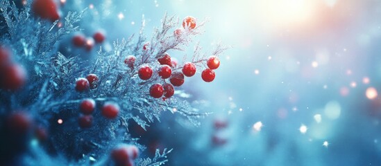 Aufkleber - Frozen branches with vibrant red berries glistening in ice under a soft blue light creating a serene winter atmosphere