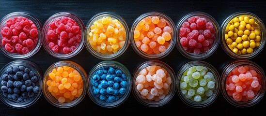 Poster - Aerial view of vintage glass jars filled with colorful candies and sweets arranged in a stunning pattern on a dark wooden background