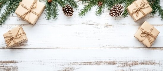 Poster - Christmas gift boxes and pine branches with cones on wooden table flat lay styled composition with copy space for festive themes