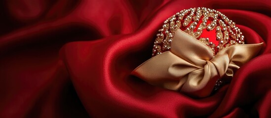 Poster - Elegant handcrafted red and gold Christmas ornament with beads and satin bow resting on luxurious red satin fabric