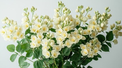 Poster - Moringa flowers and lush green leaves elegantly displayed in a vase on a clean white background for a fresh natural aesthetic