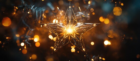 Aufkleber - Sparkling Christmas star illuminated by bokeh lights creating a festive and warm holiday atmosphere in a blurred background.