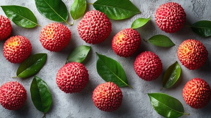 Poster - Close up of vibrant lychee fruits surrounded by fresh green leaves on a textured gray background showcasing natural freshness and color.