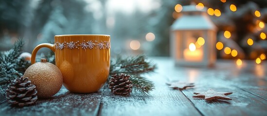 Aufkleber - Elegant Christmas decoration featuring a yellow cup, star ornament, pinecones, and a lantern with candle, creating a cozy festive atmosphere.