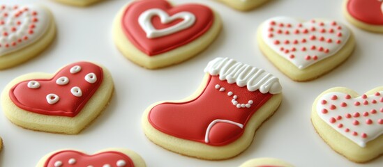 Poster - Festive Christmas cookies in heart shapes and red boot design on a clean white background perfect for holiday celebrations and baking themes