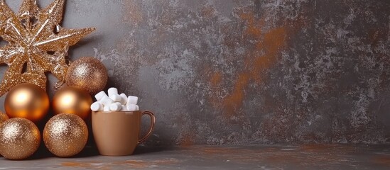 Poster - Warm Christmas ambiance with decorative gold ornaments and a cozy mug of marshmallows on a textured gray background for festive vibes