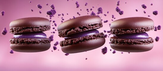 Poster - Elegant macaroons with vibrant blueberry powder against a soft pink background perfect for bakery and pastry promotions and advertisements
