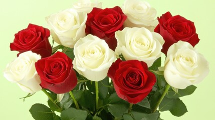Aufkleber - Romantic bouquet of red and white roses against a soft green background showcasing delicate petals and lush greenery