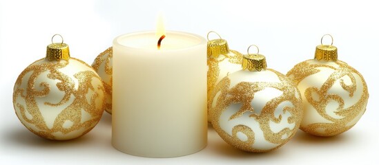 Poster - Elegantly lit white candle surrounded by gold decorated Christmas ornaments for festive holiday ambiance