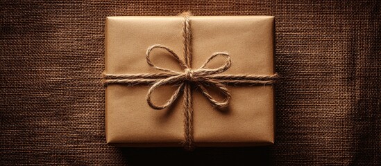 Poster - Kraft paper wrapped gift box with twine bow on burlap background elegant holiday flat lay image for festive occasions and celebrations