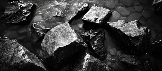 Poster - Long exposure of black rocks in a serene cove reflecting light at an estuary creating a dramatic monochrome landscape effect