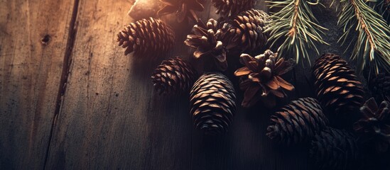 Poster - Rustic Christmas card design with space for text featuring pine cones and fir branches on a weathered wooden background