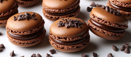Poster - Chocolate ganache macarons arranged aesthetically on a white background perfect for festive and culinary themed designs