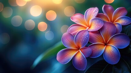 Aufkleber - Vibrant frangipani flowers in closeup with light filter and soft bokeh of green leaves creating a serene and colorful natural atmosphere